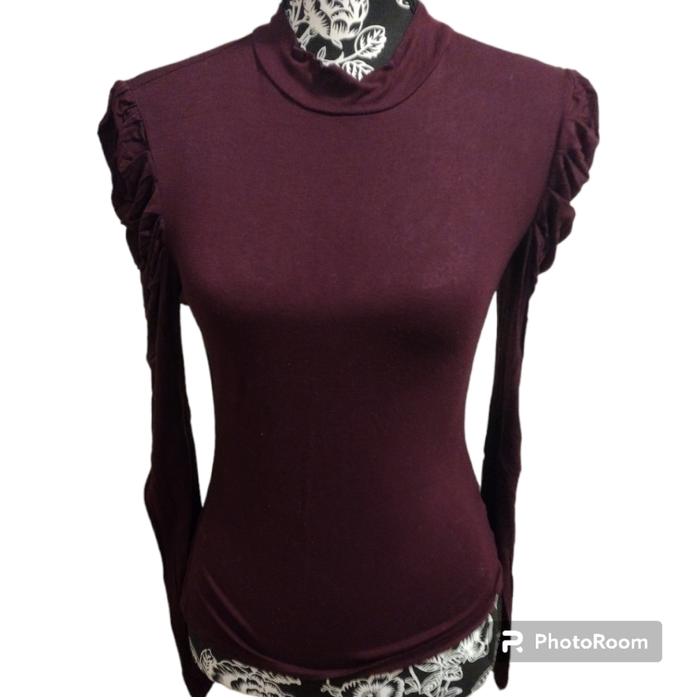 ALYA Mock Neck Puffy Shoulder Long Sleeve Top